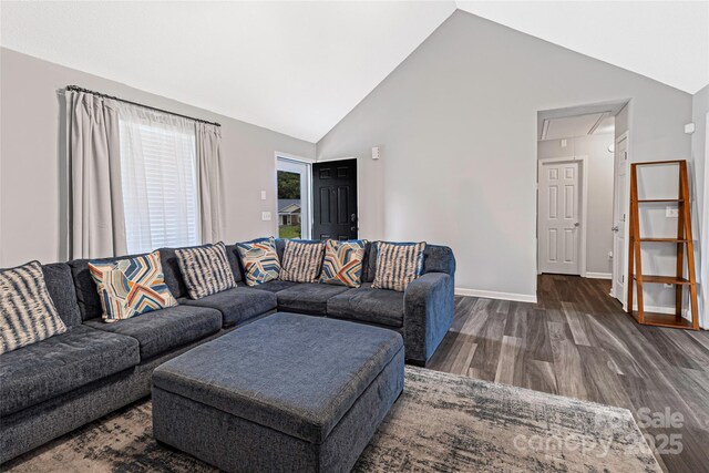 532 Jedburgh Way, Rock Hill, SC 29730 - living area featuring attic access, wood finished floors, high vaulted ceiling, and baseboards