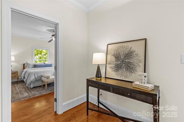 1500 Lynway Dr, Charlotte, NC 28203 - corridor featuring crown molding, wood finished floors, and baseboards
