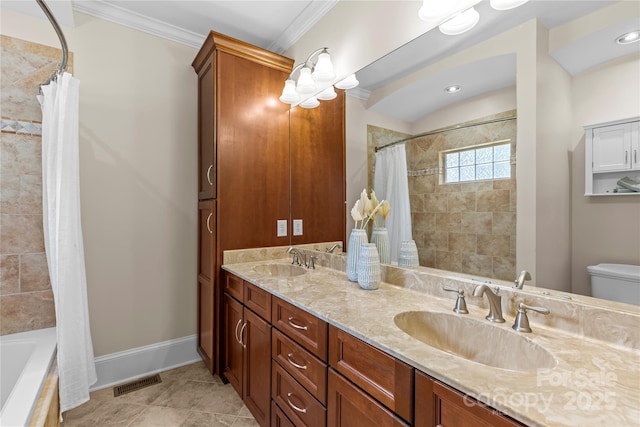 1500 Lynway Dr, Charlotte, NC 28203 - bathroom with double vanity, ornamental molding, toilet, shower / bath combo with shower curtain, and baseboards