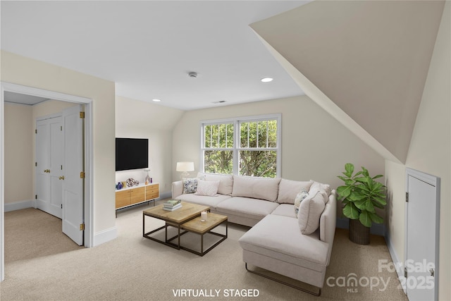 1500 Lynway Dr, Charlotte, NC 28203 - living room with carpet, lofted ceiling, recessed lighting, and baseboards