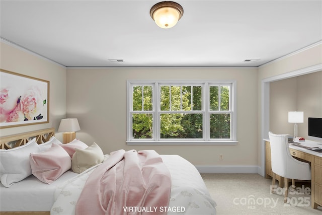 1500 Lynway Dr, Charlotte, NC 28203 - bedroom featuring baseboards, light carpet, an office area, and crown molding