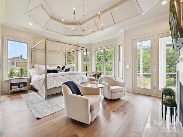 735 Davidson Run Ln, Davidson, NC 28036 - bedroom featuring access to outside, light wood finished floors, coffered ceiling, and ornamental molding