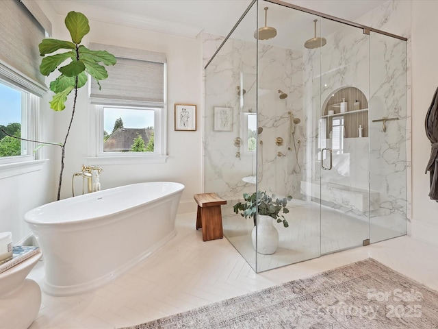 735 Davidson Run Ln, Davidson, NC 28036 - full bathroom featuring a marble finish shower and a freestanding bath