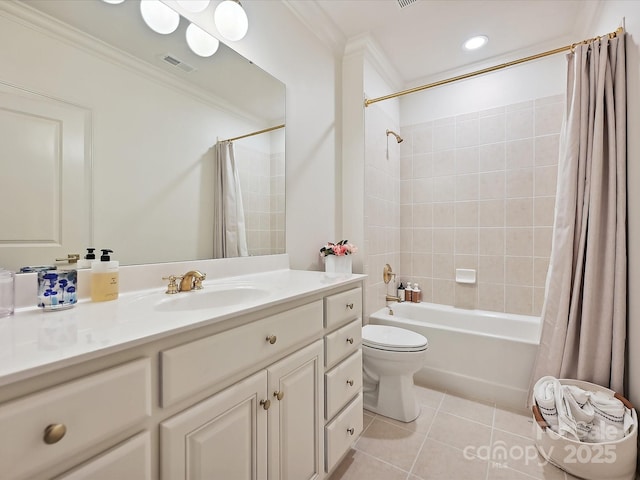 735 Davidson Run Ln, Davidson, NC 28036 - full bath with tile patterned flooring, shower / bathtub combination with curtain, vanity, ornamental molding, and toilet