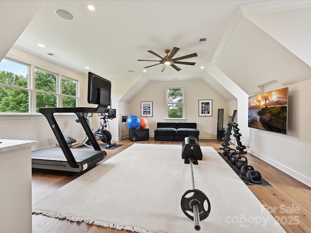 735 Davidson Run Ln, Davidson, NC 28036 - exercise room featuring wood finished floors, ceiling fan, baseboards, vaulted ceiling, and recessed lighting