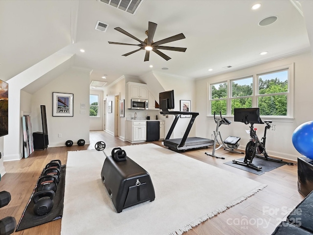 735 Davidson Run Ln, Davidson, NC 28036 - workout area featuring ceiling fan, light wood finished floors, recessed lighting, baseboards, and a sink