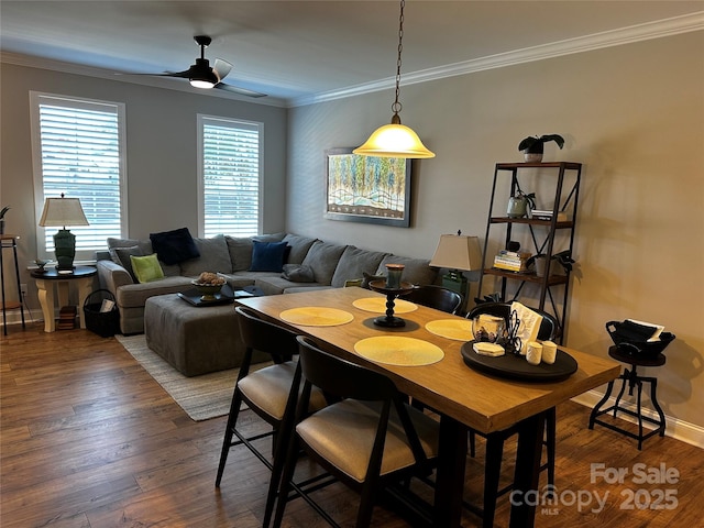 110 W Pine St, Lincolnton, NC 28092 - dining room featuring ornamental molding, ceiling fan, and wood finished floors