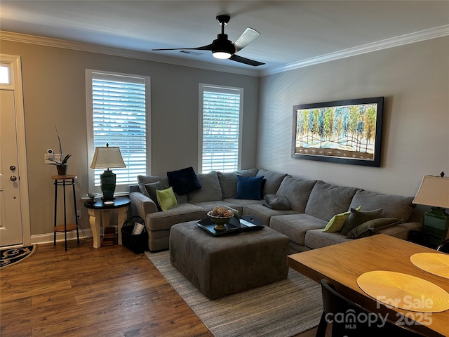 110 W Pine St, Lincolnton, NC 28092 - living room with wood finished floors, ornamental molding, and ceiling fan