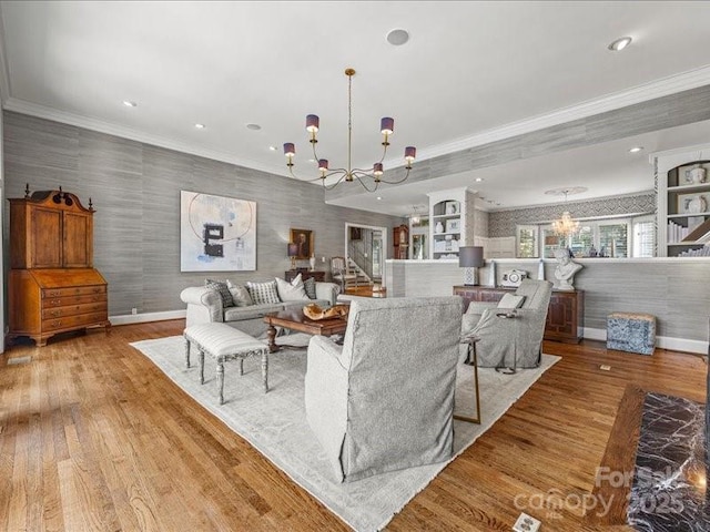 15 Old Stage Trl, Clover, SC 29710 - living room with a chandelier, wallpapered walls, wood finished floors, crown molding, and recessed lighting