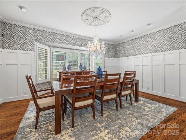 15 Old Stage Trl, Clover, SC 29710 - dining room featuring a decorative wall, a chandelier, dark wood-style floors, and crown molding