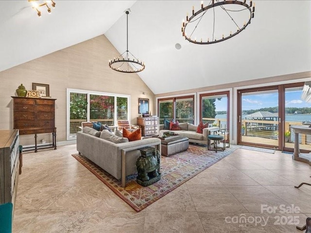 15 Old Stage Trl, Clover, SC 29710 - living room featuring high vaulted ceiling and a chandelier