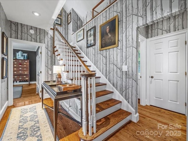 15 Old Stage Trl, Clover, SC 29710 - stairway with wallpapered walls, wood finished floors, baseboards, and recessed lighting