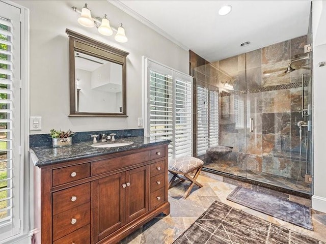 15 Old Stage Trl, Clover, SC 29710 - bathroom with vanity, a shower stall, recessed lighting, and crown molding