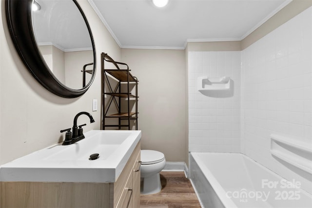 2009 Auten Rd, Gastonia, NC 28054 - bathroom with wood finished floors, vanity, toilet, ornamental molding, and bathing tub / shower combination