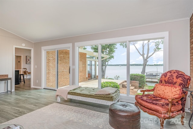 5114 Leisure Ln, Sherrills Ford, NC 28673 - living area with healthy amount of natural light, light wood-style flooring, vaulted ceiling, ornamental molding, and a water view