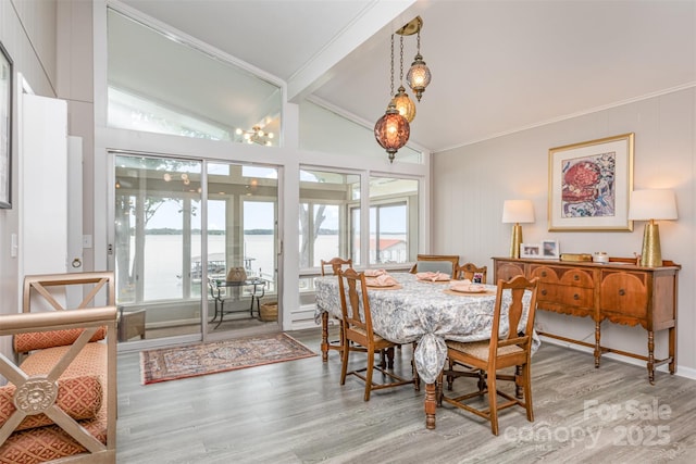 5114 Leisure Ln, Sherrills Ford, NC 28673 - dining space featuring wood finished floors, a water view, crown molding, baseboards, and french doors