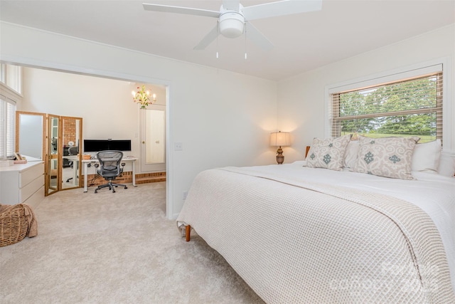 5114 Leisure Ln, Sherrills Ford, NC 28673 - bedroom with light colored carpet, a desk, a chandelier, and ceiling fan