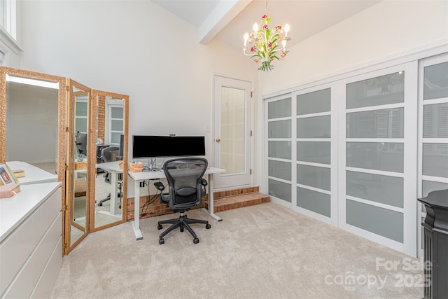 5114 Leisure Ln, Sherrills Ford, NC 28673 - office space featuring carpet floors, a chandelier, french doors, and beam ceiling