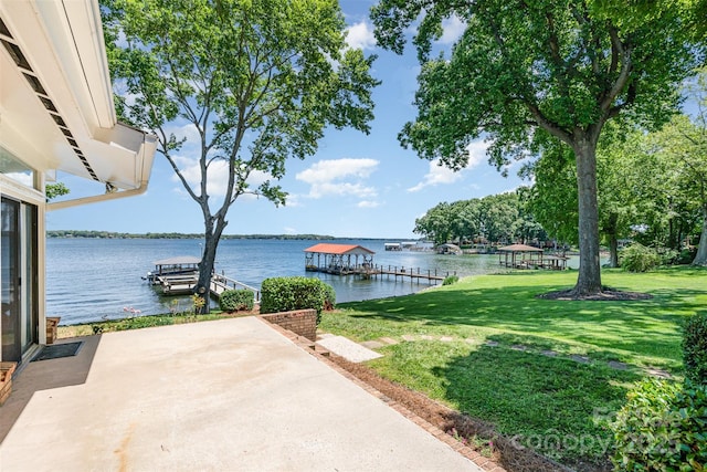 5114 Leisure Ln, Sherrills Ford, NC 28673 - dock area featuring a lawn, a water view, and a patio