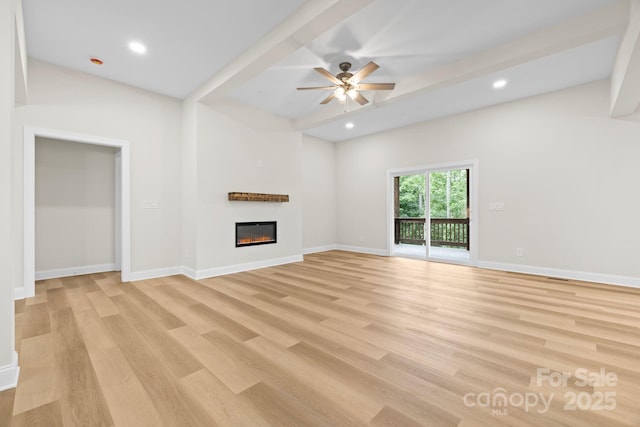 5025 Harbor View Dr E, Granite Falls, NC 28630 - unfurnished living room with a glass covered fireplace, light wood-style flooring, ceiling fan, recessed lighting, and baseboards