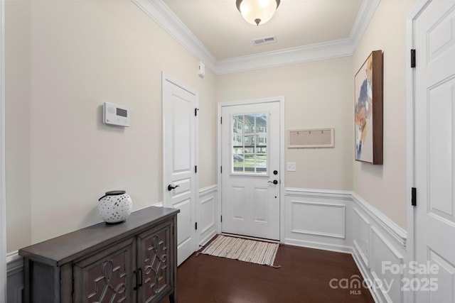 4278 Park S Station Blvd, Charlotte, NC 28210 - entryway with ornamental molding, dark wood-style floors, a wainscoted wall, and a decorative wall