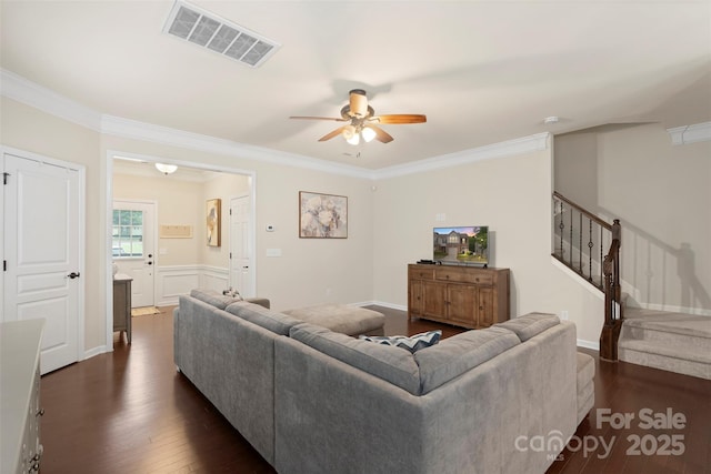 4278 Park S Station Blvd, Charlotte, NC 28210 - living room featuring a ceiling fan, crown molding, dark wood-style floors, and stairway