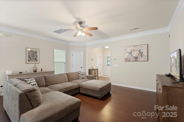 4278 Park S Station Blvd, Charlotte, NC 28210 - living area featuring ceiling fan, dark wood-type flooring, crown molding, baseboards, and plenty of natural light