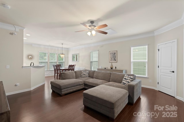 4278 Park S Station Blvd, Charlotte, NC 28210 - living area featuring plenty of natural light, ceiling fan, crown molding, dark wood-style flooring, and baseboards