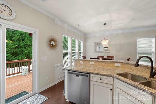 4278 Park S Station Blvd, Charlotte, NC 28210 - kitchen featuring dishwasher, a sink, dark wood finished floors, white cabinets, and crown molding