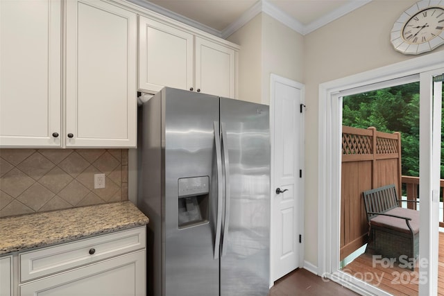 4278 Park S Station Blvd, Charlotte, NC 28210 - kitchen featuring stainless steel fridge with ice dispenser, decorative backsplash, ornamental molding, dark wood-type flooring, and light stone countertops