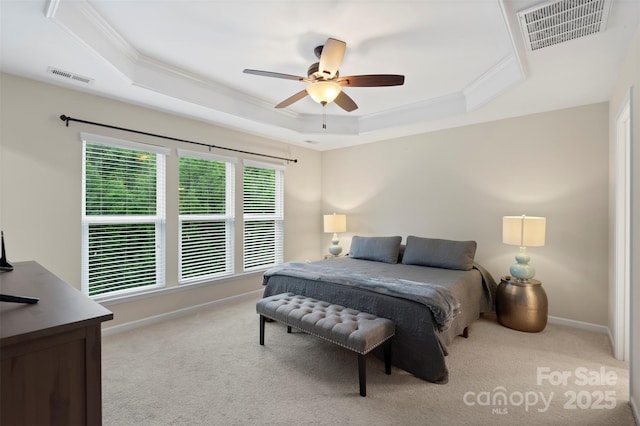 4278 Park S Station Blvd, Charlotte, NC 28210 - bedroom with a raised ceiling, ornamental molding, light carpet, baseboards, and a ceiling fan