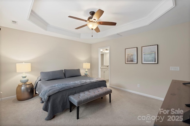 4278 Park S Station Blvd, Charlotte, NC 28210 - carpeted bedroom featuring a tray ceiling, crown molding, baseboards, connected bathroom, and ceiling fan