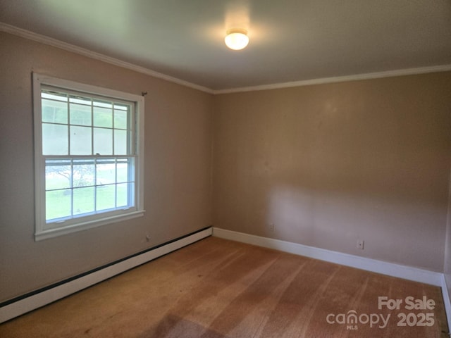 9225 Robinson Church Rd, Charlotte, NC 28215 - spare room with a baseboard heating unit, ornamental molding, and light colored carpet
