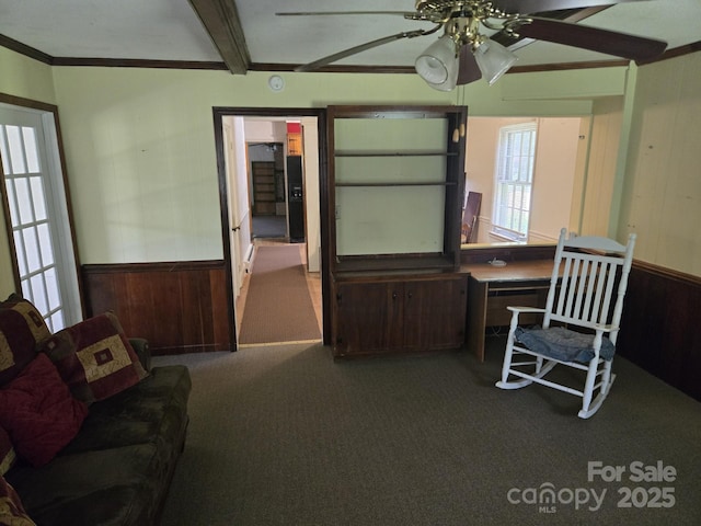 9225 Robinson Church Rd, Charlotte, NC 28215 - carpeted office space with a ceiling fan, plenty of natural light, wainscoting, wooden walls, and ornamental molding