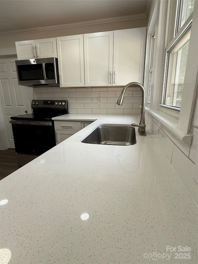 1102 Venus St, Kannapolis, NC 28083 - kitchen with stainless steel microwave, range with electric cooktop, a sink, white cabinets, and light stone countertops