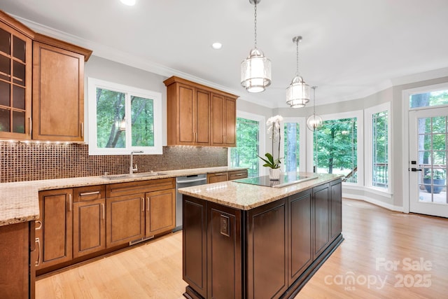 12711 Duncourtney Ln, Charlotte, NC 28277 - kitchen with a sink, stainless steel dishwasher, black electric cooktop, light wood-style floors, and crown molding