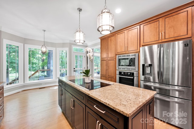 12711 Duncourtney Ln, Charlotte, NC 28277 - kitchen featuring appliances with stainless steel finishes, ornamental molding, light wood finished floors, light stone counters, and decorative light fixtures