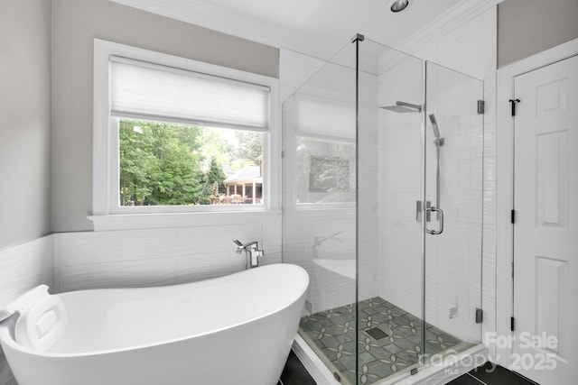 12711 Duncourtney Ln, Charlotte, NC 28277 - full bathroom with a freestanding tub, a stall shower, and crown molding