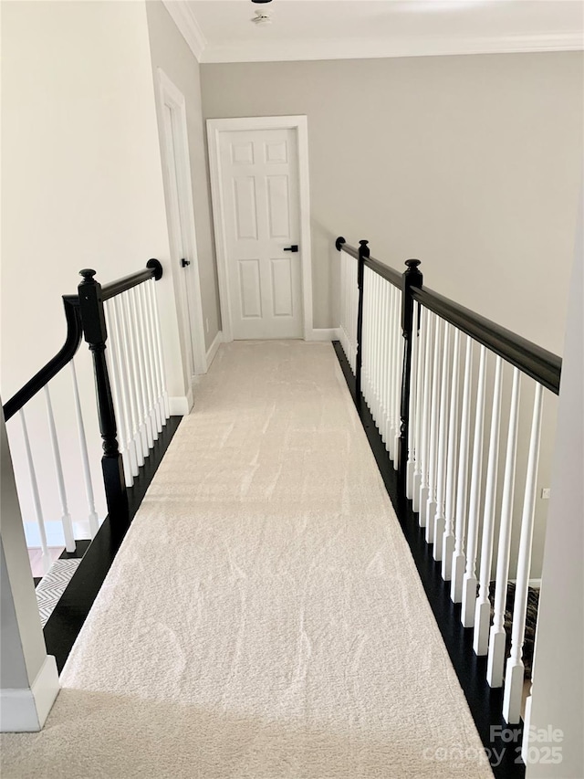 12711 Duncourtney Ln, Charlotte, NC 28277 - hallway featuring an upstairs landing, ornamental molding, carpet flooring, and baseboards