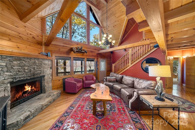 339 Tsalagi Trl, Maggie Valley, NC 28751 - living area featuring a fireplace, hardwood / wood-style flooring, stairway, high vaulted ceiling, and wooden walls