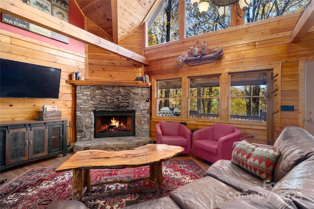 339 Tsalagi Trl, Maggie Valley, NC 28751 - living area featuring wood walls, wood finished floors, a fireplace, and vaulted ceiling
