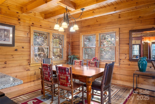 339 Tsalagi Trl, Maggie Valley, NC 28751 - dining room featuring wooden ceiling with exposed beams, wooden walls, a chandelier, and wood finished floors
