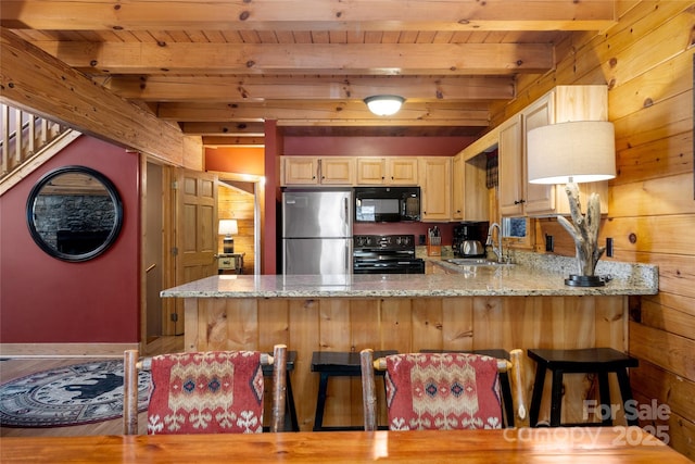 339 Tsalagi Trl, Maggie Valley, NC 28751 - kitchen featuring black appliances, a sink, wooden ceiling with exposed beams, a peninsula, and light brown cabinets