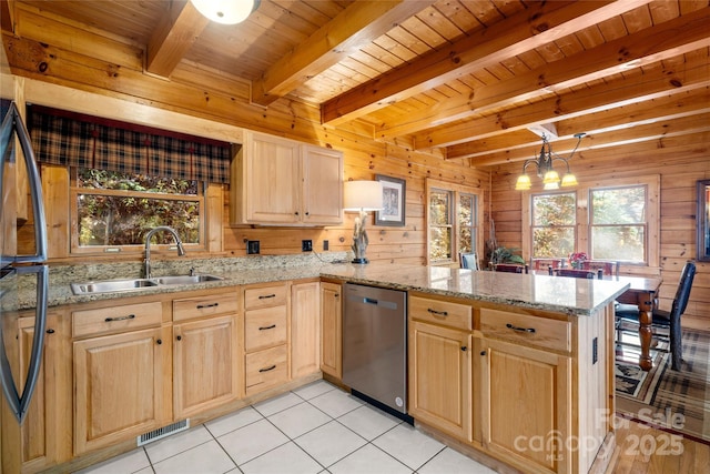 339 Tsalagi Trl, Maggie Valley, NC 28751 - kitchen with light brown cabinets, stainless steel dishwasher, a peninsula, a sink, and wooden ceiling with exposed beams