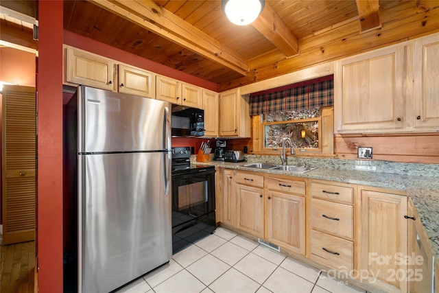 339 Tsalagi Trl, Maggie Valley, NC 28751 - kitchen with black appliances, a sink, light brown cabinetry, wood ceiling with exposed beams, and light tile patterned flooring