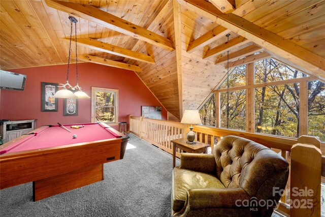 339 Tsalagi Trl, Maggie Valley, NC 28751 - playroom featuring carpet, wood ceiling, and pool table