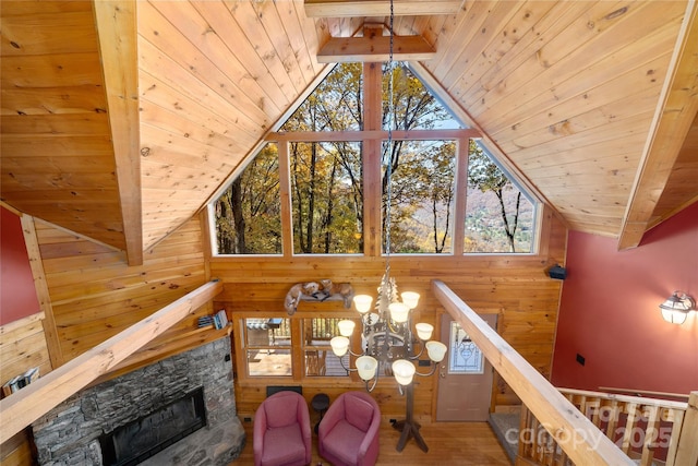 339 Tsalagi Trl, Maggie Valley, NC 28751 - living room with a chandelier, wooden ceiling, a stone fireplace, vaulted ceiling, and wood walls