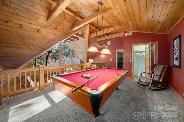 339 Tsalagi Trl, Maggie Valley, NC 28751 - rec room featuring wooden ceiling, carpet floors, baseboards, and billiards
