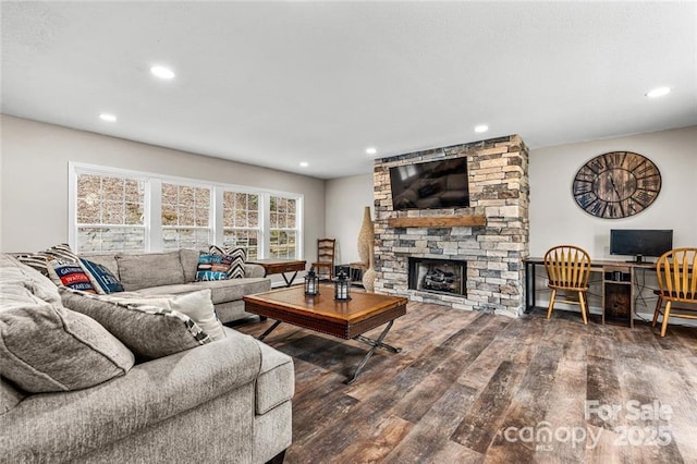 137 Weaver Ct, Lake Lure, NC 28746 - living room with wood finished floors, recessed lighting, and a fireplace