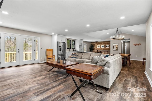 137 Weaver Ct, Lake Lure, NC 28746 - living area featuring baseboards, dark wood-style flooring, recessed lighting, vaulted ceiling, and healthy amount of natural light
